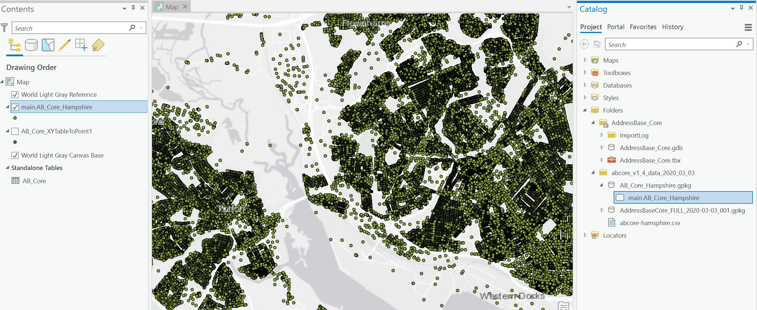 ArcGIS Pro UI showing AddressBase Core data on the basemap