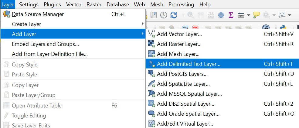 QGIS UI showing Layer > Add Layer > Add Delimited Text Layer... menu option.