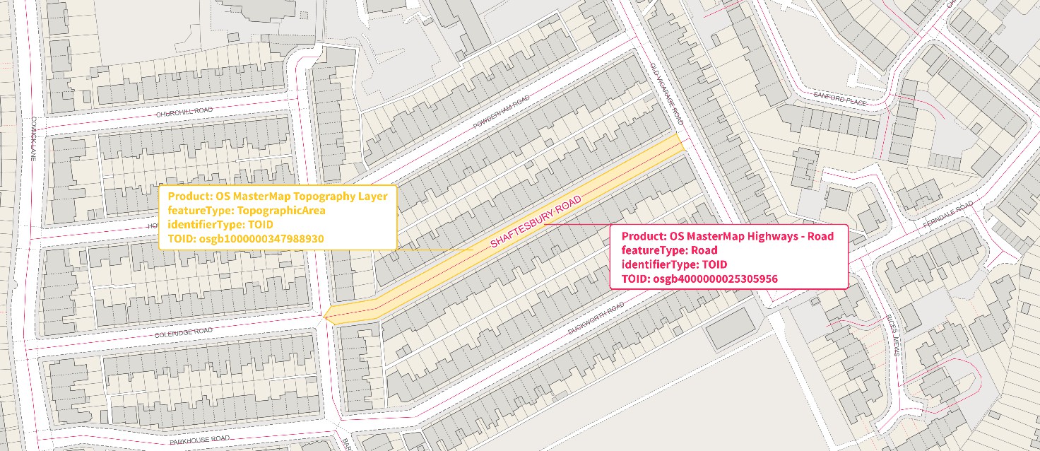 A data visualisation of a road feature type linked to a TopographicArea feature type