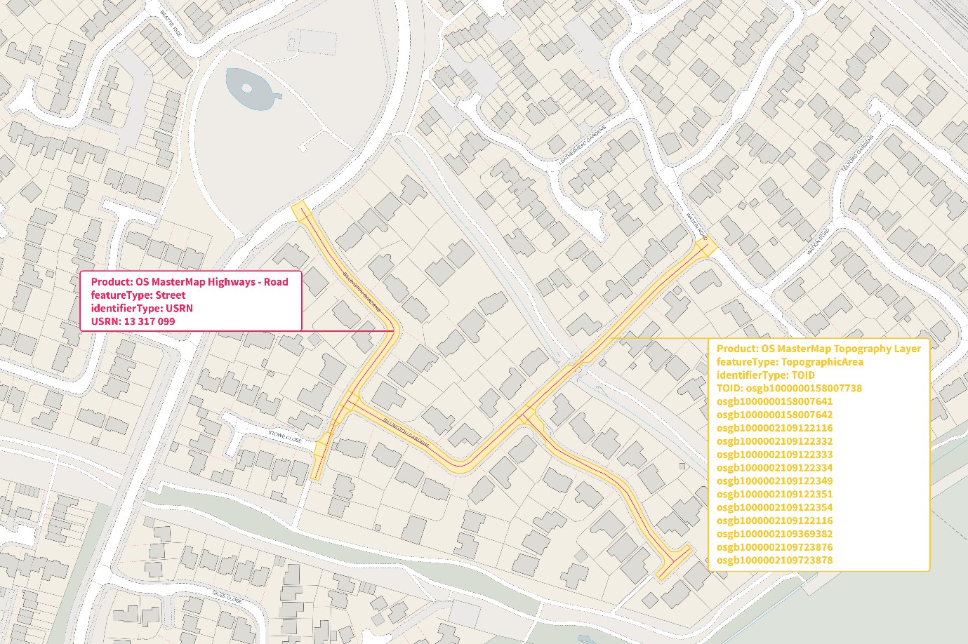 Identifiers displayed on OS Map data showing RoadLink and Topographic area feature types