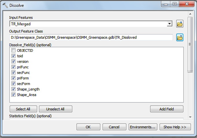 Display showing selected features to be dissolved.