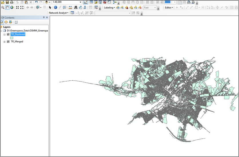 Dissolved features shown un-styled in map frame.
