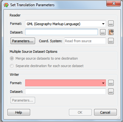 MapInfo dialog box to Set translation parameters with GML format selected.