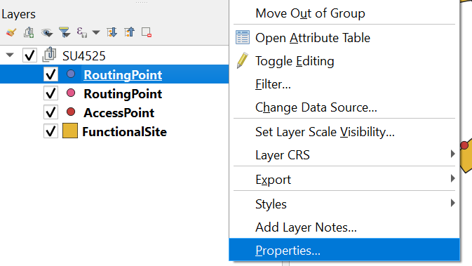 QGIS Layers Panel showing Properties menu option.