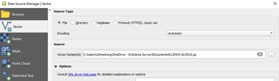 QGIS Data Source Manager dialog showing the GML data supply selected in the Vector > Source > Vector Dataset(s) field.