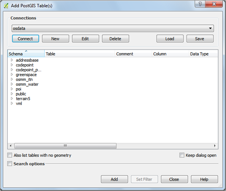 Add PostGIS table dialog that shows the available schema for the current database.