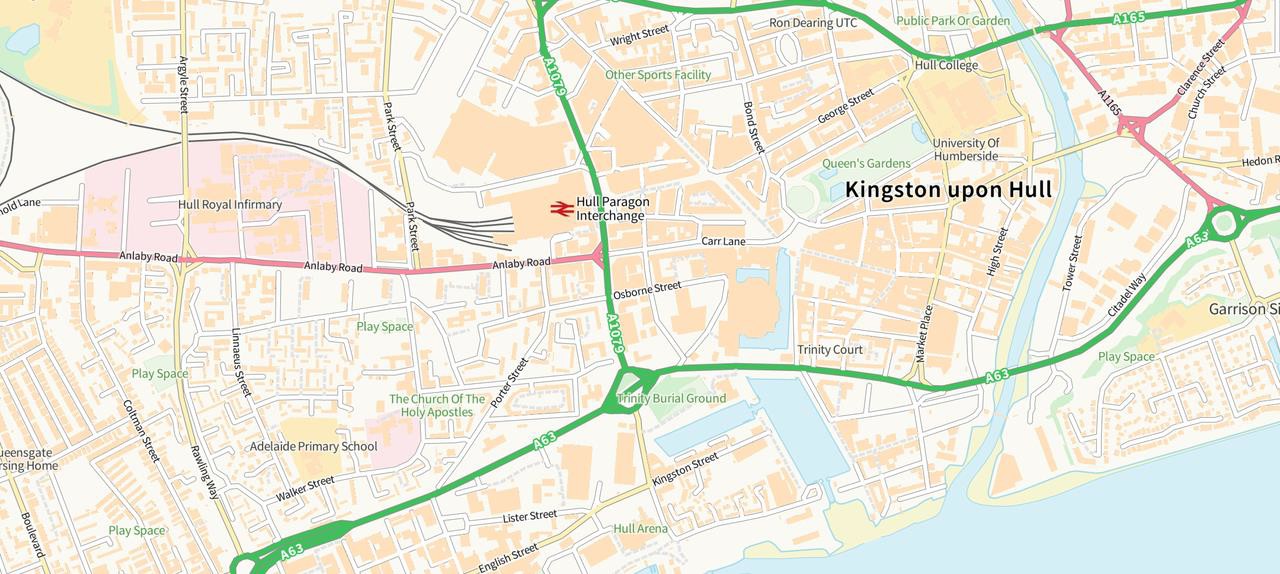 Great British road network highlighted in the map area for Kingston upon Hull using the road style.