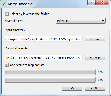 Merge shapefiles dialog showing Merged_Data uses as an Input directory and GreenspaceArea.shp as an output file