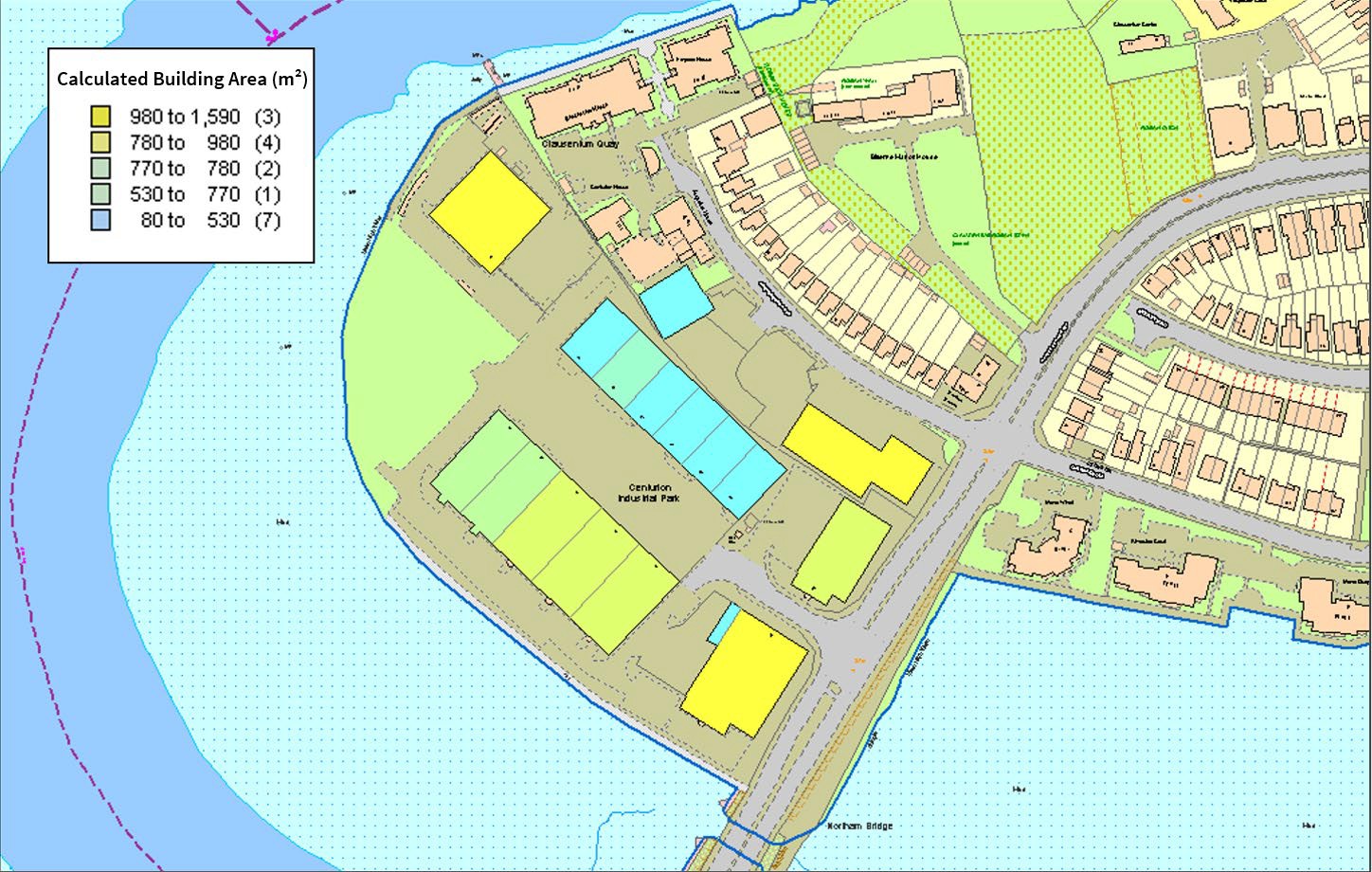 Screenshot of the product showing a thematic map over Northern Bridge, Southampton, UK. The map shows colour coded industrial estate units based on calculated building area size. 