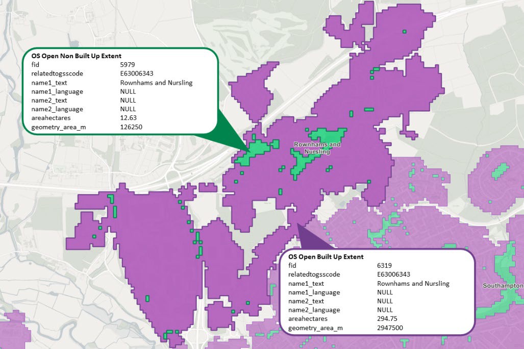 Built Up Extents and Non Built Up Extents Feature Types and attribution shown against a background map