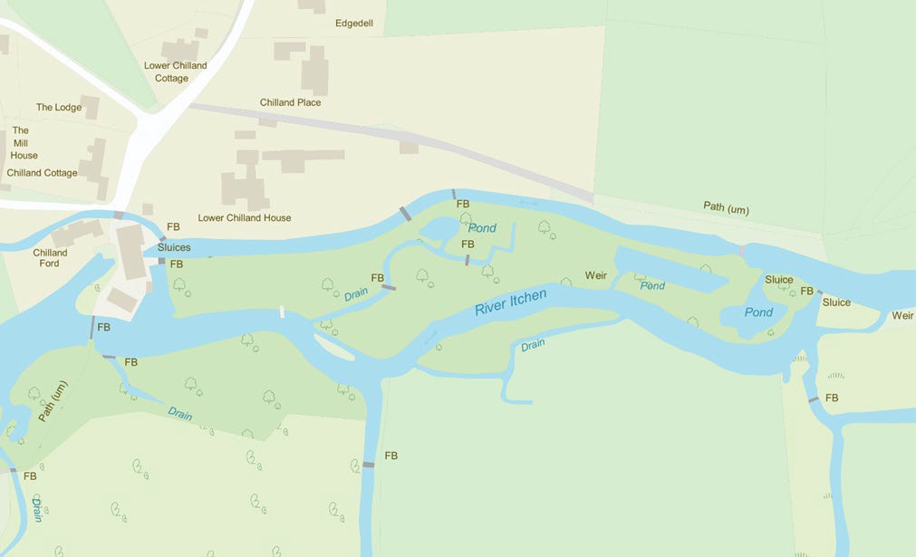 Screenshot showing a sample of real-world objects in the Water theme of OS MasterMap Topography Layer, including a pond, a river, flow arrows, sluices, and drains. The screenshot shows a section of the River Itchen.