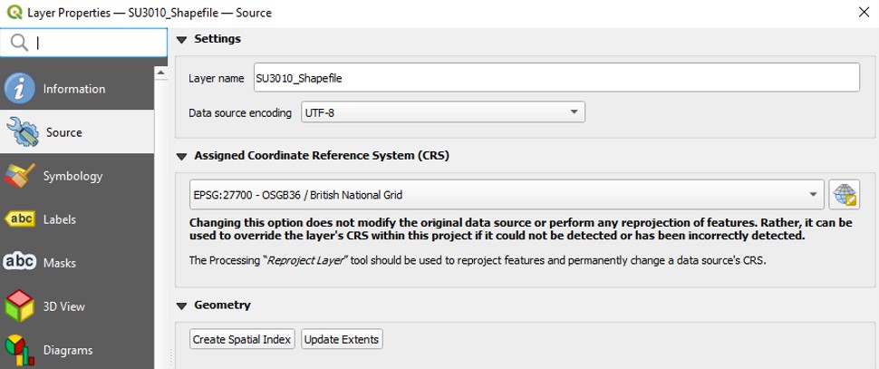 QGIS Layer Properties dialog showing Source > Geometry > Create Spatial Index option
