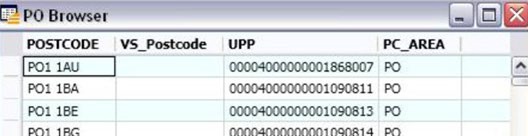 A screenshot of the PO Browser table with the following columns: Postcode, VS_postcode, UPP, PC_Area. Postcode, PO1 1AU is selected. 