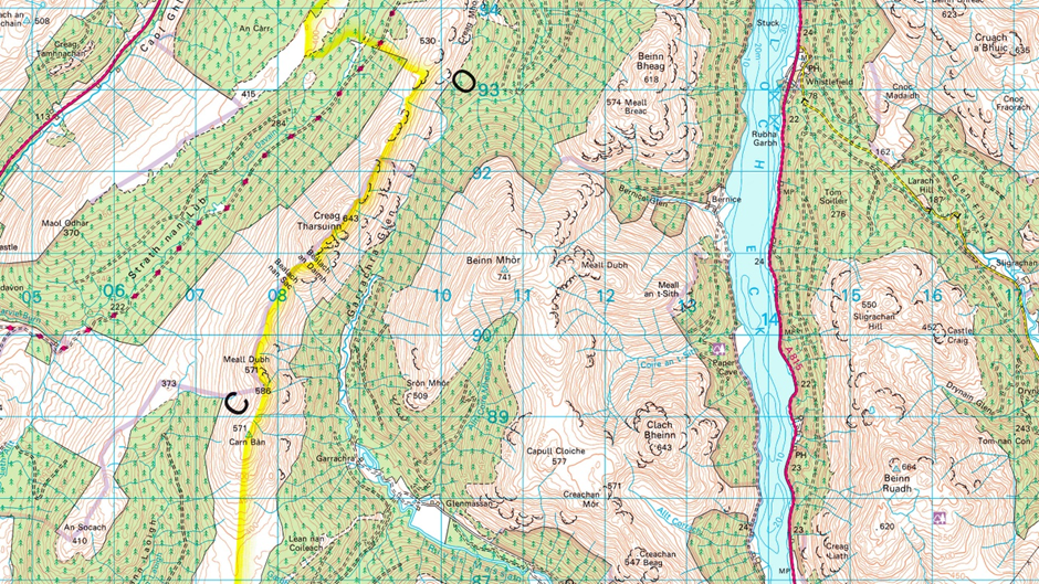1:50000 Scale Colour Raster map example showing a mountainous region in Scotland