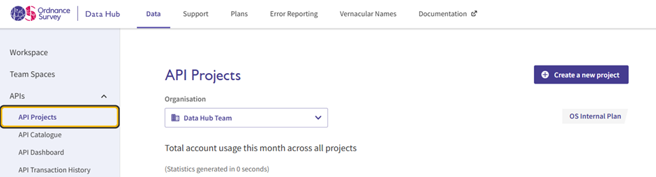 A screenshot of the OS Data Hub projects page showing the 'Create a new project' button in the upper right hand corner