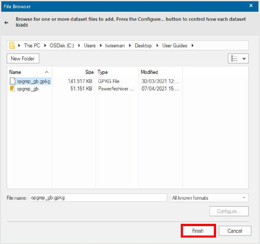File Browser dialog box with the Finish button highlighted by a red rectangle shape.