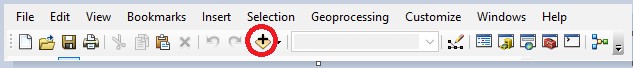 ArcMap UI showing the top ribbon, with the Add Data button circled in red.