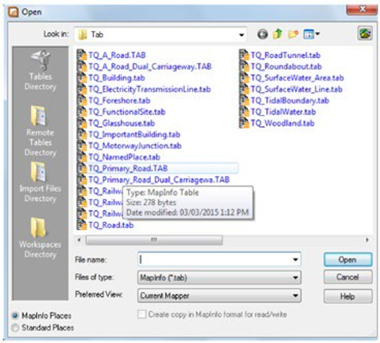 Open file window with multiple table files available