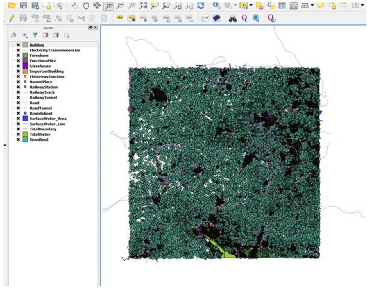 Screenshot of 100km grid tile data loaded into the main map window
