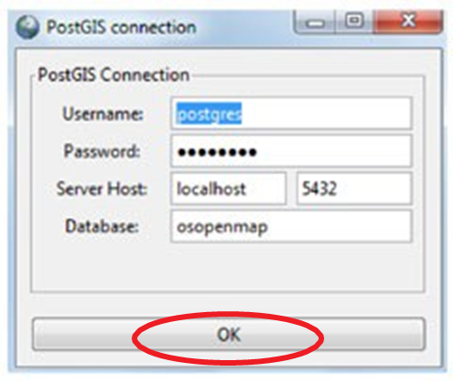 PostGIS connection window showing localhost server on port 5432 connecting to osopenmap database