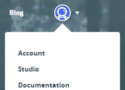 Mapbox user meny showing Account, Studio, and Documentation page buttons