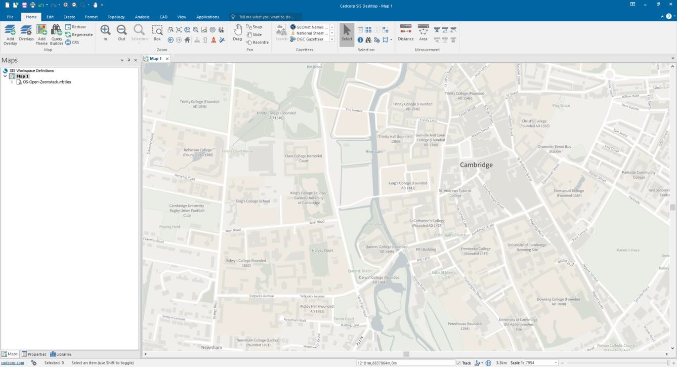 Example view of Cambridge using the light style in Cadcorp SIS Desktop 9