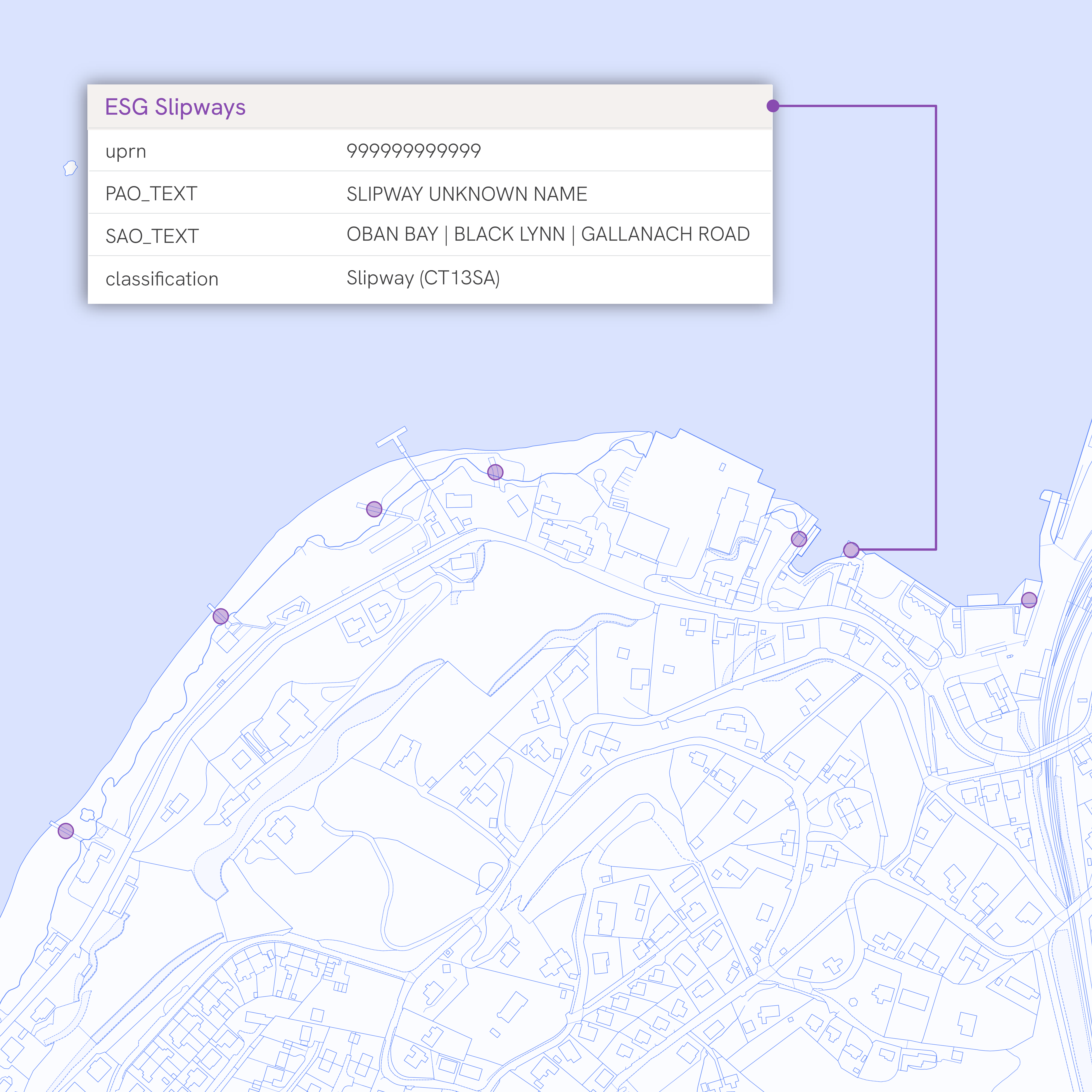 Example image showing OS ESG slipways, with attribution pulled out in a pop up box for one slipway, such as UPRN and classification. A background map has been included to provide context.