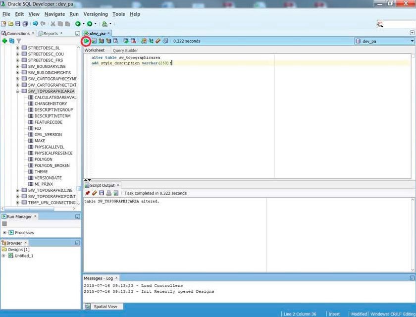 Oracle SQL Developer screen showing the toolbar necessary to run the query and view its output