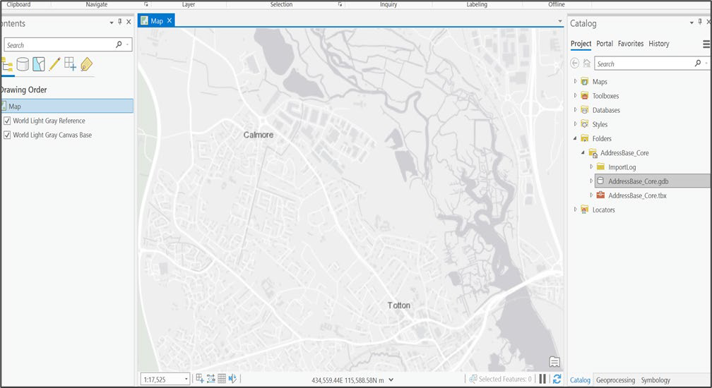 ArcGIS Pro UI showing AddressBase_Core.gbd in the Catalog pane