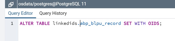 Alter table query table shown in the query editor window of PostgreSQL 11