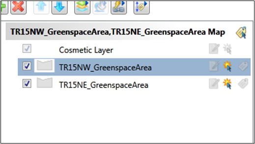 MapInfo table showing greenspace data layers.