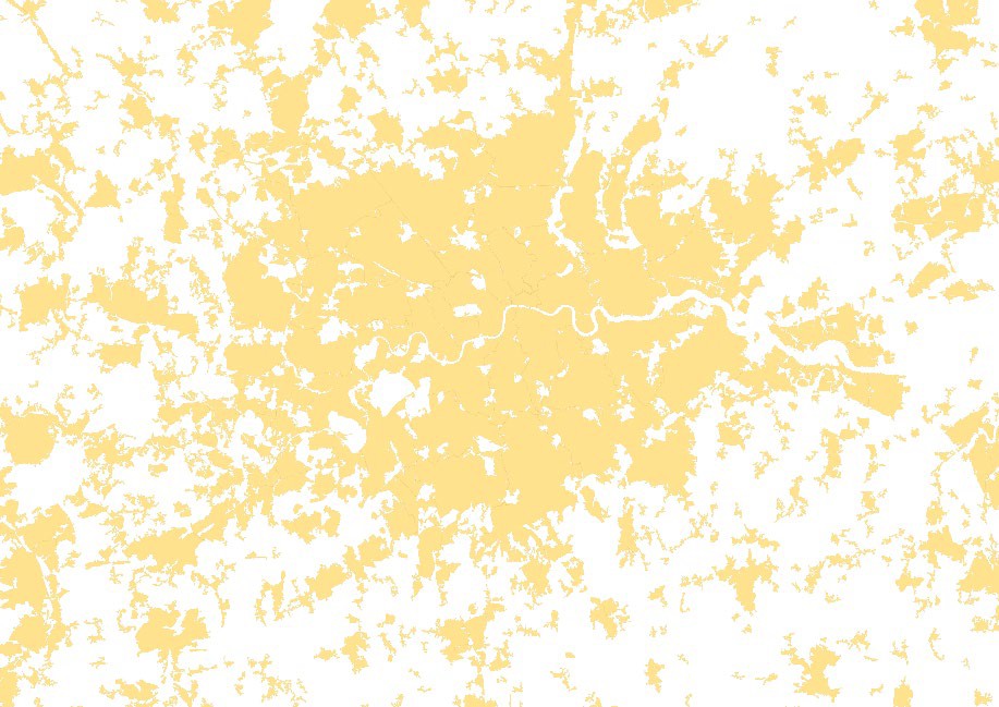 Example map showing OS Open Built Up Areas data. Built up areas in and around London are shown in yellow.