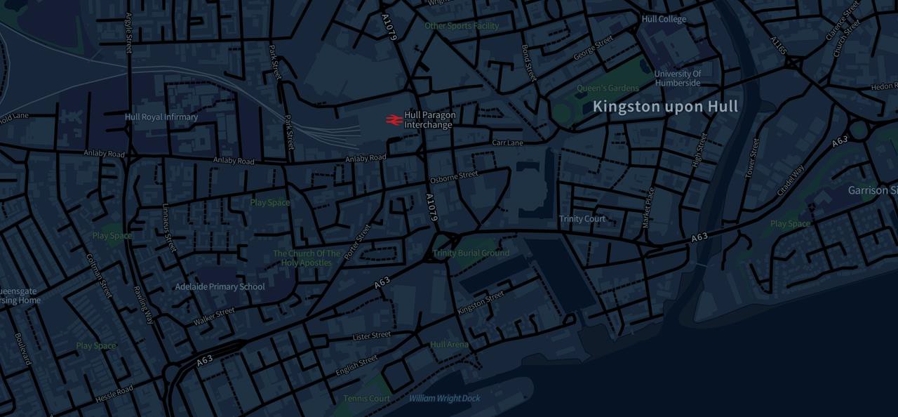 Map data for Kingston upon Hull visualised in the night style using a dark 