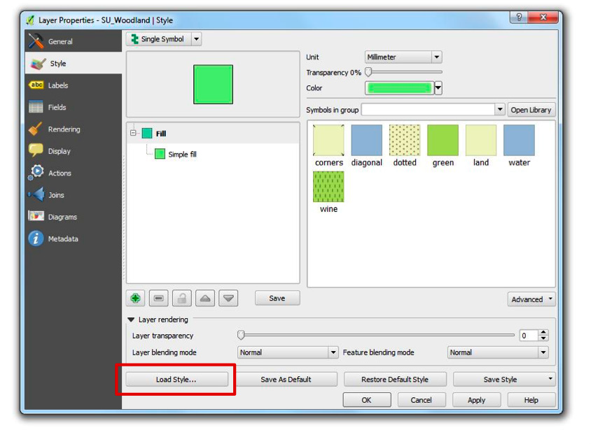 Layer properties window showing available styles with Load Style button highlighted