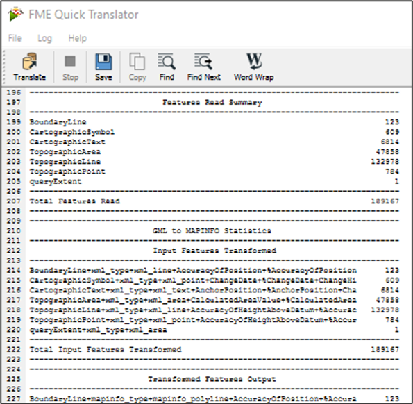 MapInfo Professional UI showing FME Quick Translator log