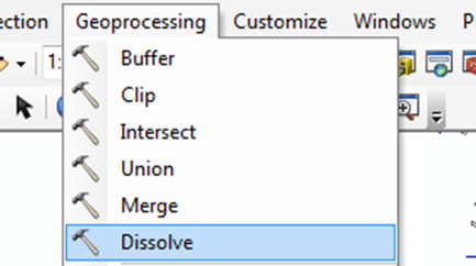 Menu list showing Geoprocessing - Dissolve option.