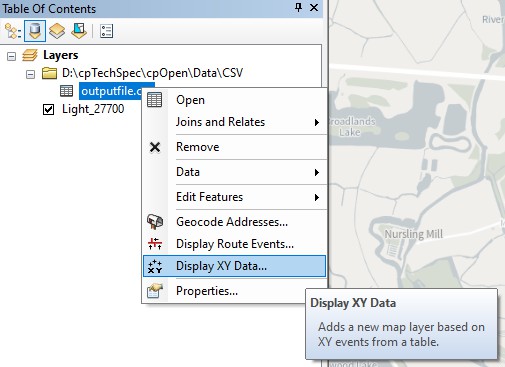ArcMap Table Of Contents showing the Display XY Data… action selected in the context menu.