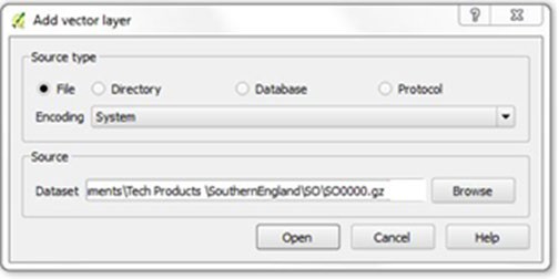 Add vector layer dialog showing a file added as a dataset source