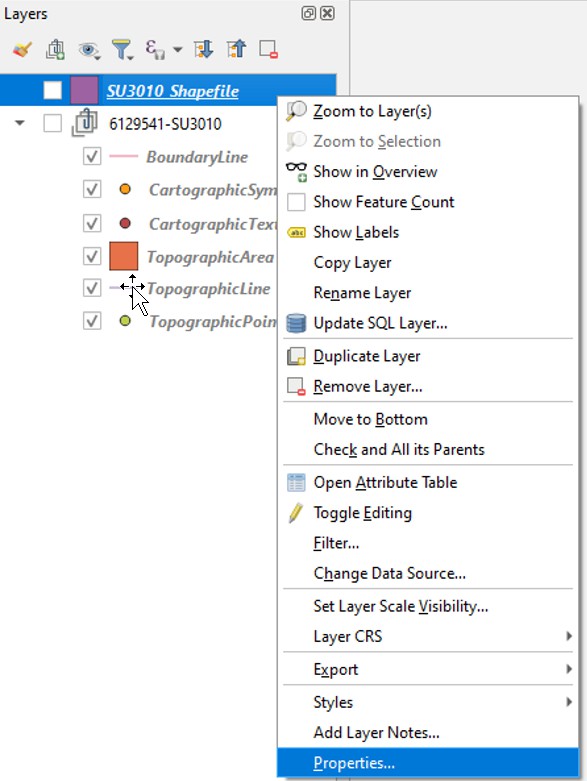QGIS Layers panel showing Properties option in the context menu