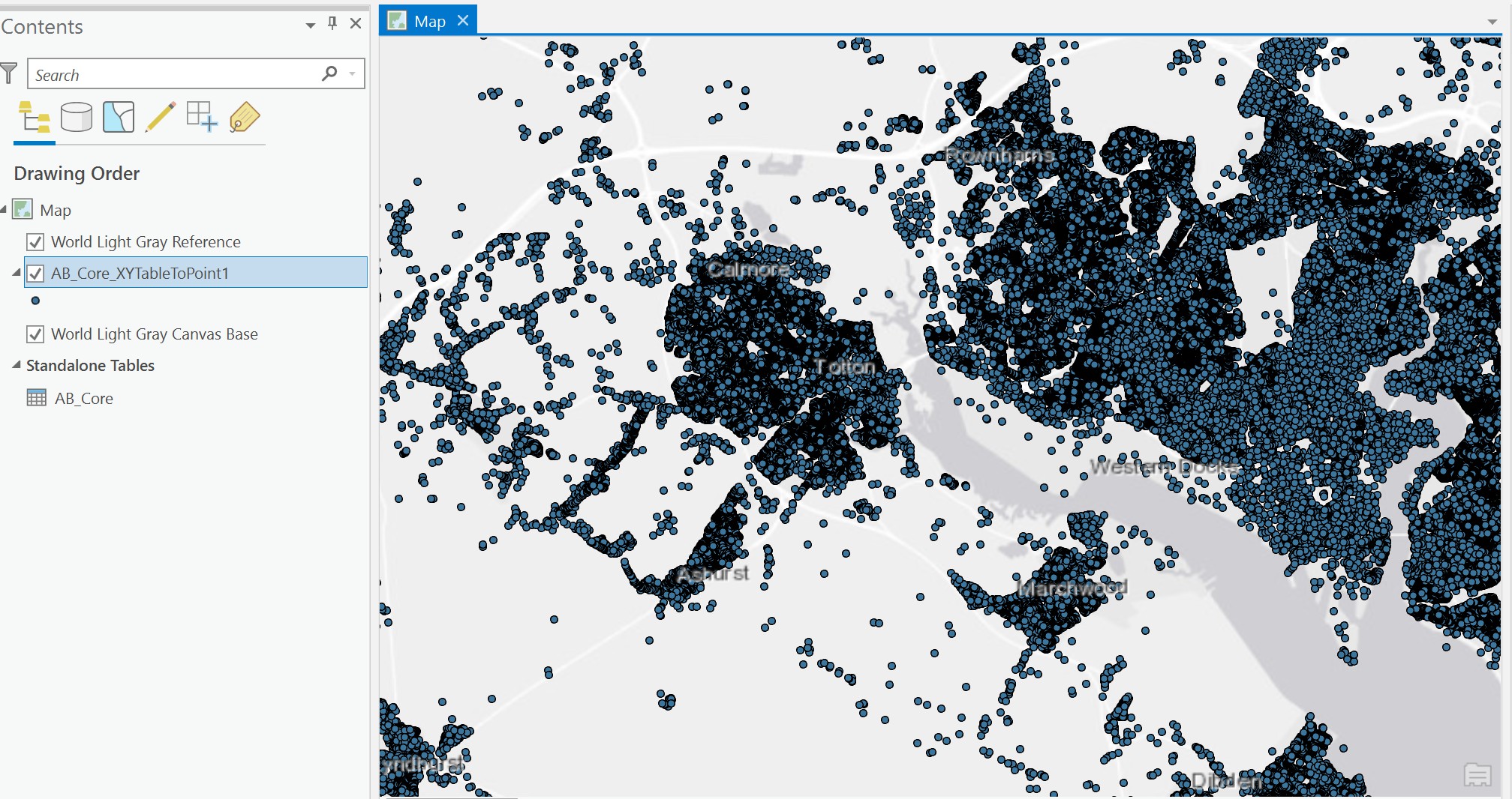 ArcGIS Pro UI showing AdressBase Core data in the left pane and Map area