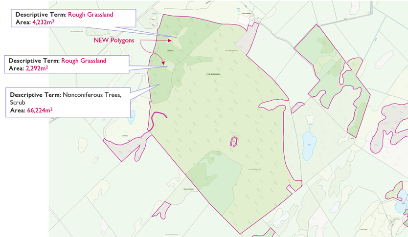 Screenshot of what the data in example 2 looked like after the rural land cover specification refinement update (October 2022 OS MasterMap Topography Layer data).