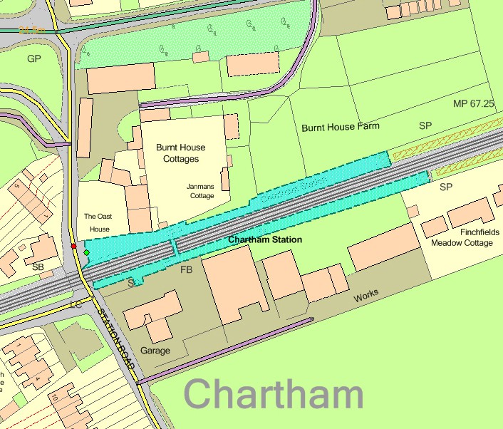 OS MasterMap Sites Layer (blue polygon) Rail transport theme – railway station, showing Chartham Station.