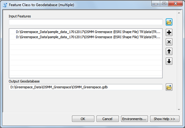 Dialog box to add multiple shapefile feature classes to Geodatabase.
