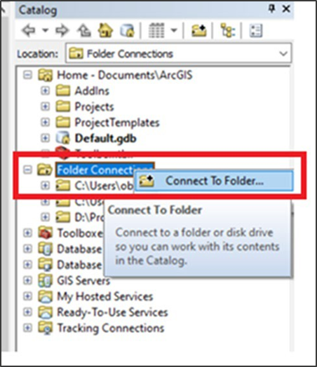 ArcMap Catalog highlighting Connect to Folder action in the context menu