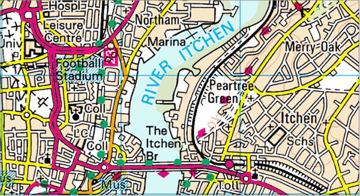 An example extract of 1:25 000 Scale Colour Raster which is focussed over the Itchen Bridge in Southampton, England.