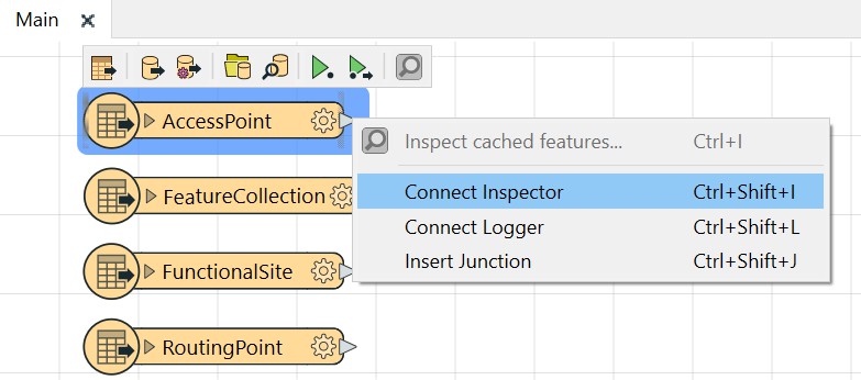 FME Workbench main area showing three readers and the Connect Inspector option in the context menu.