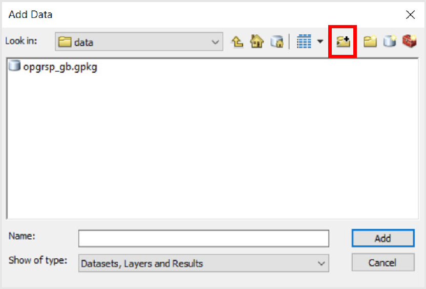 Add Data dialog box with the Add Folder button highlighted by a red square shape.