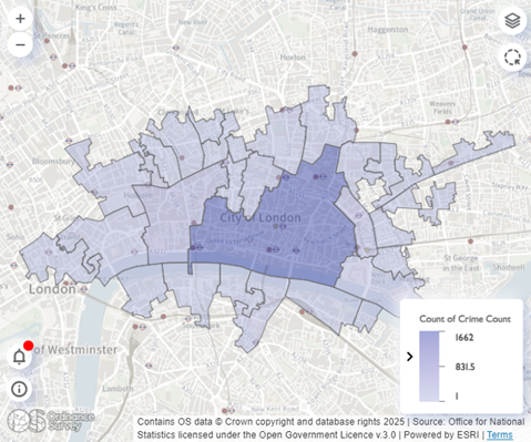 An example of data mapped onto an OS background map using OS Maps for Power BI Visual. Image shows crime data for the City of London displayed as shaded areas on top of a light background map.