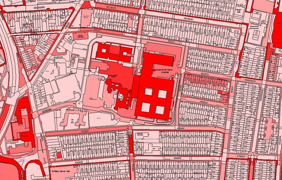 Example map displaying varying shades of red to visualise the amount of change over time. 