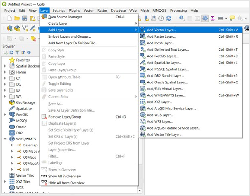 Screenshot showing how to locate the Add Vector Layer option from the top ribbon of the workspace.